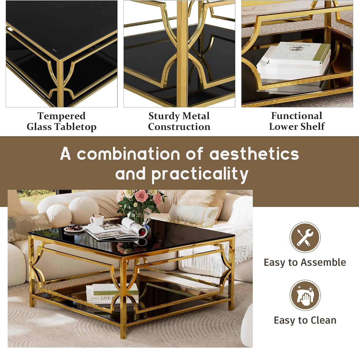 Merax 33.5' Square Glass Coffee Table, Luxurious Geometric Metal Frame, Gold Finish & Lower Shelf, for Living Room Apartment, Black