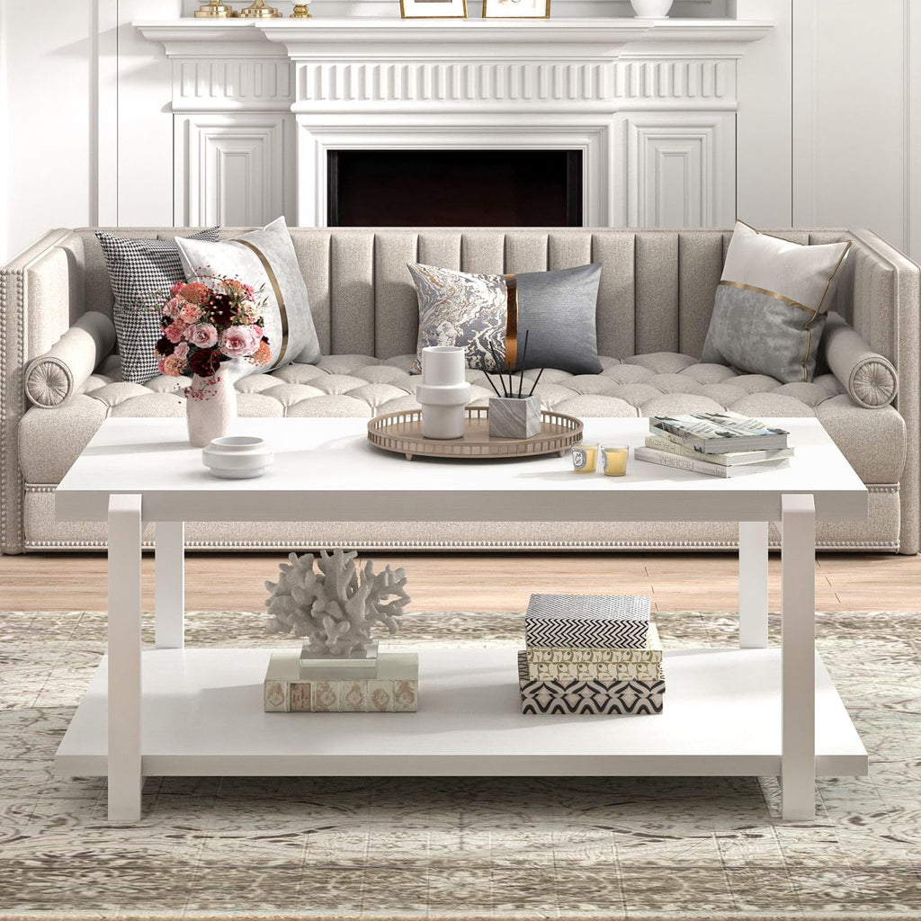 FOLUBAN White Coffee Table, Modern Rustic Wood and Metal Center Table with Storage Shelf, Rectangle Cocktail Tea Table for Living Room, 42 Inch