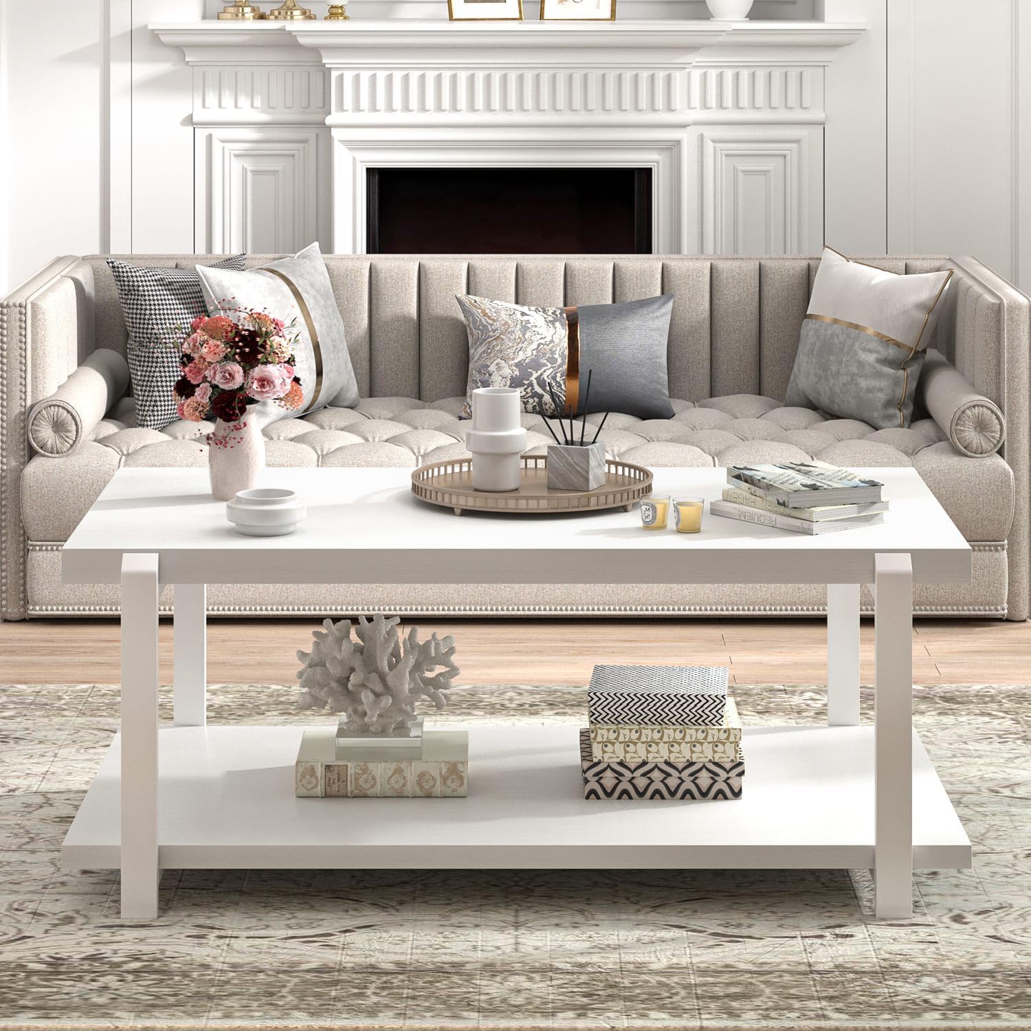 FOLUBAN White Coffee Table, Modern Rustic Wood and Metal Center Table with Storage Shelf, Rectangle Cocktail Tea Table for Living Room, 42 Inch