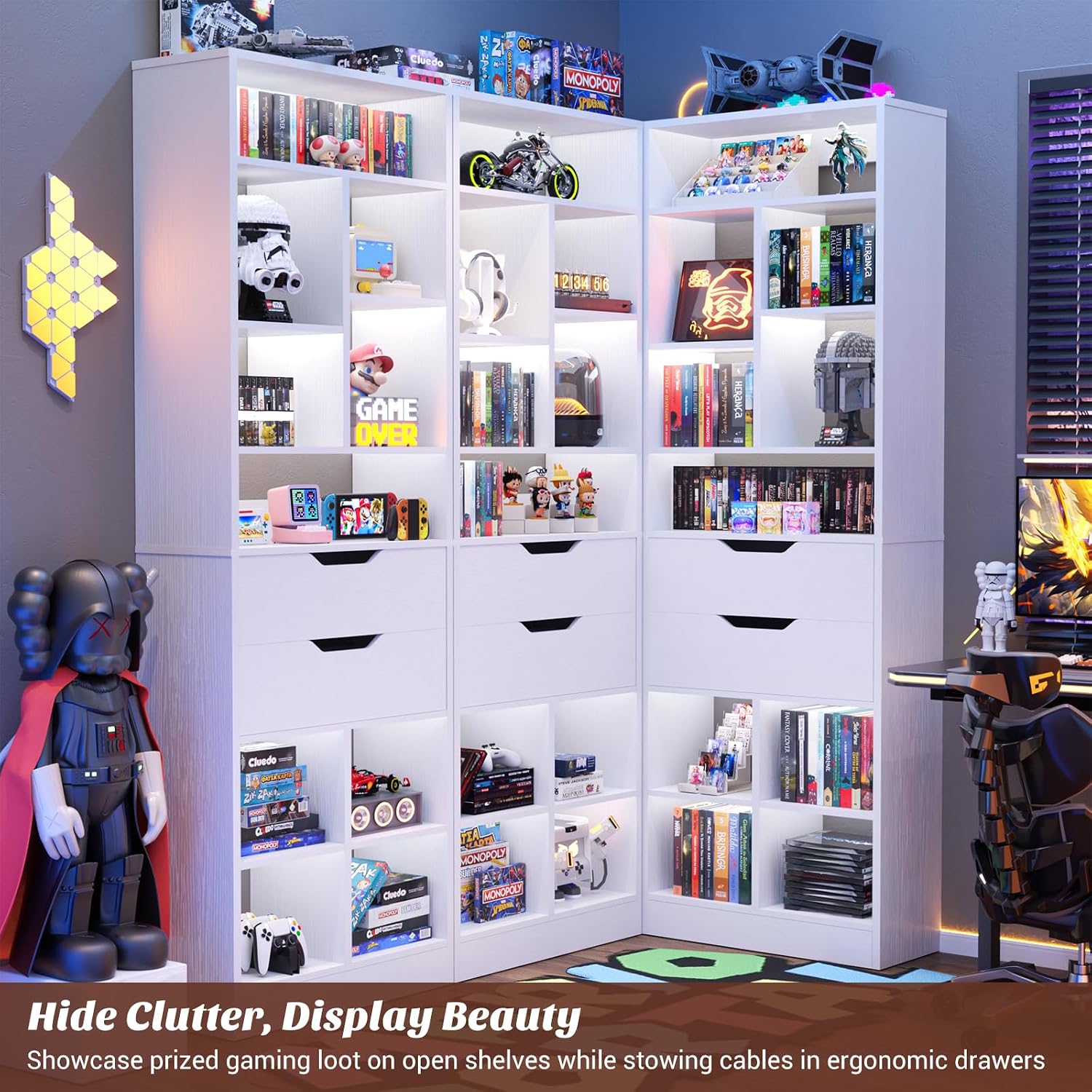 Armocity 9-Tier Tall Bookshelf with 2 Drawers, 79.7' Narrow Freestanding Bookcase, Space-Saving Wood Display Shelves Storage for Living Room, Home Office Bedroom, White