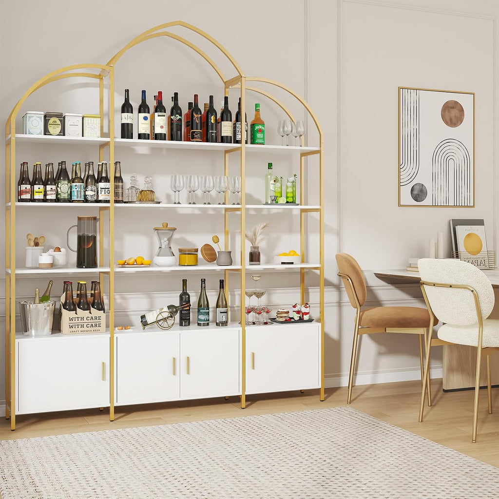 Arched Bookshelves and Bookcases: Triple Wide 5-Tier Large Open Bookshelf, Etagere Bookcase with Display Shelf for Home Office, White and Gold