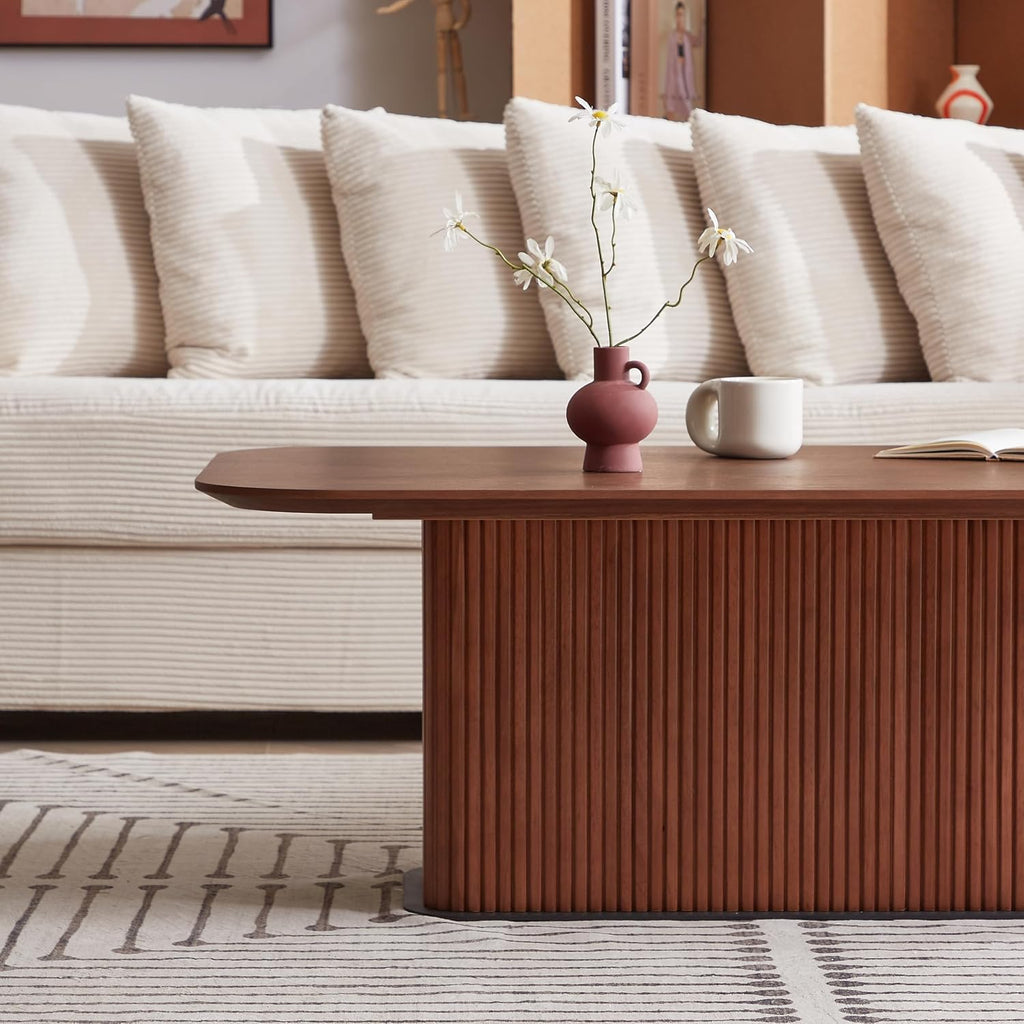 Coffee Table, Modern Wooden Coffee Table Rectangle Center Table with Solid Wood Veneered, Walnut