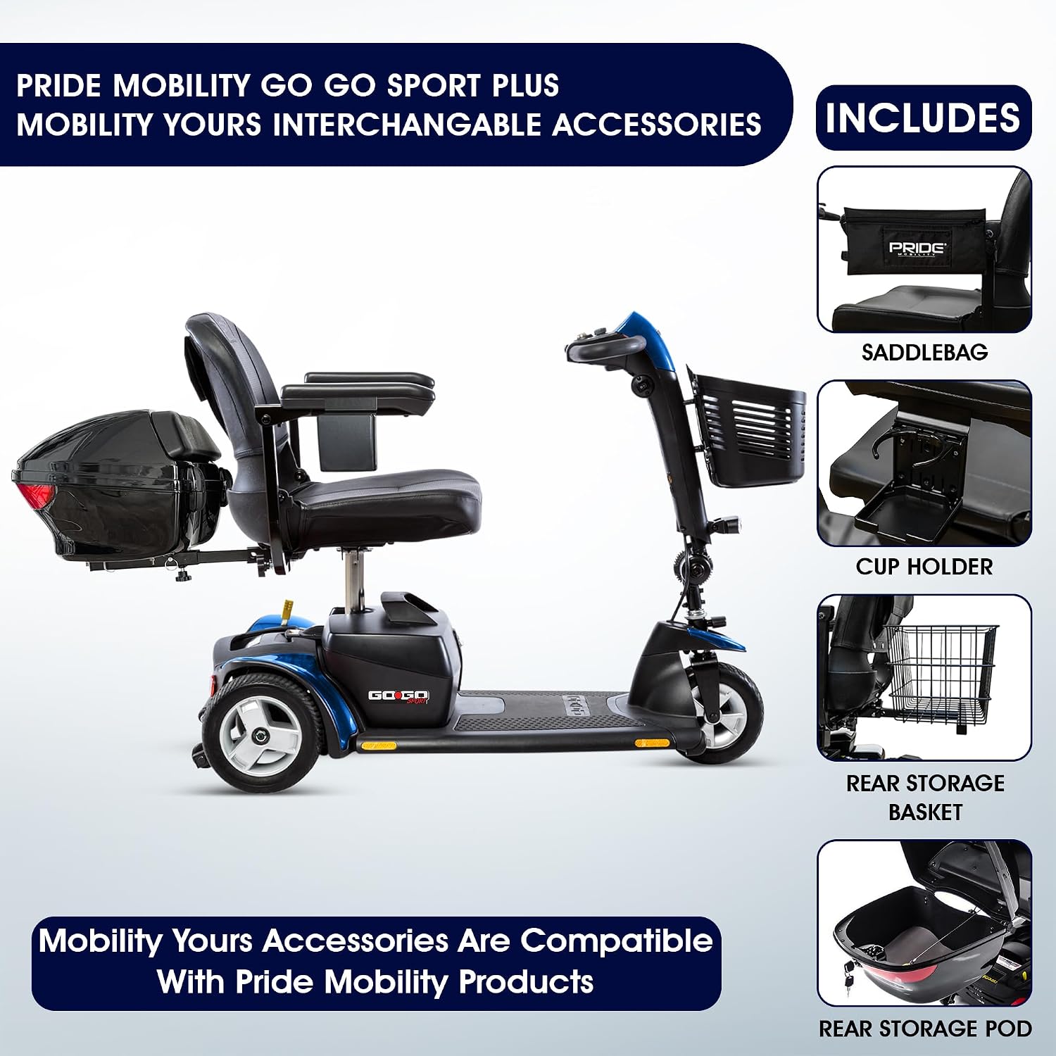 Pride Mobility Go Go Sport 3 Wheel Scooter Plus Mobility Yours Accessories, Pride Go Go 3 Wheel Power Mobility Scooter for Adults, Portable,18 AH Battery, 325 Wt Capacity, Extended Warranty
