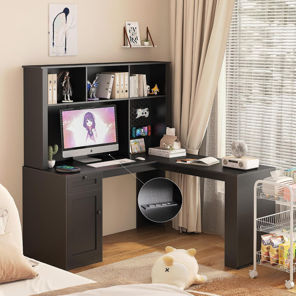 Black L-Shaped Home Office Desk with Hutch & Drawers, Modern Corner Desk with Bookshelf, Wood Study Writing Table Gaming Computer Desk for Bedroom, Home