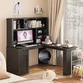 Black L-Shaped Home Office Desk with Hutch & Drawers, Modern Corner Desk with Bookshelf, Wood Study Writing Table Gaming Computer Desk for Bedroom, Home