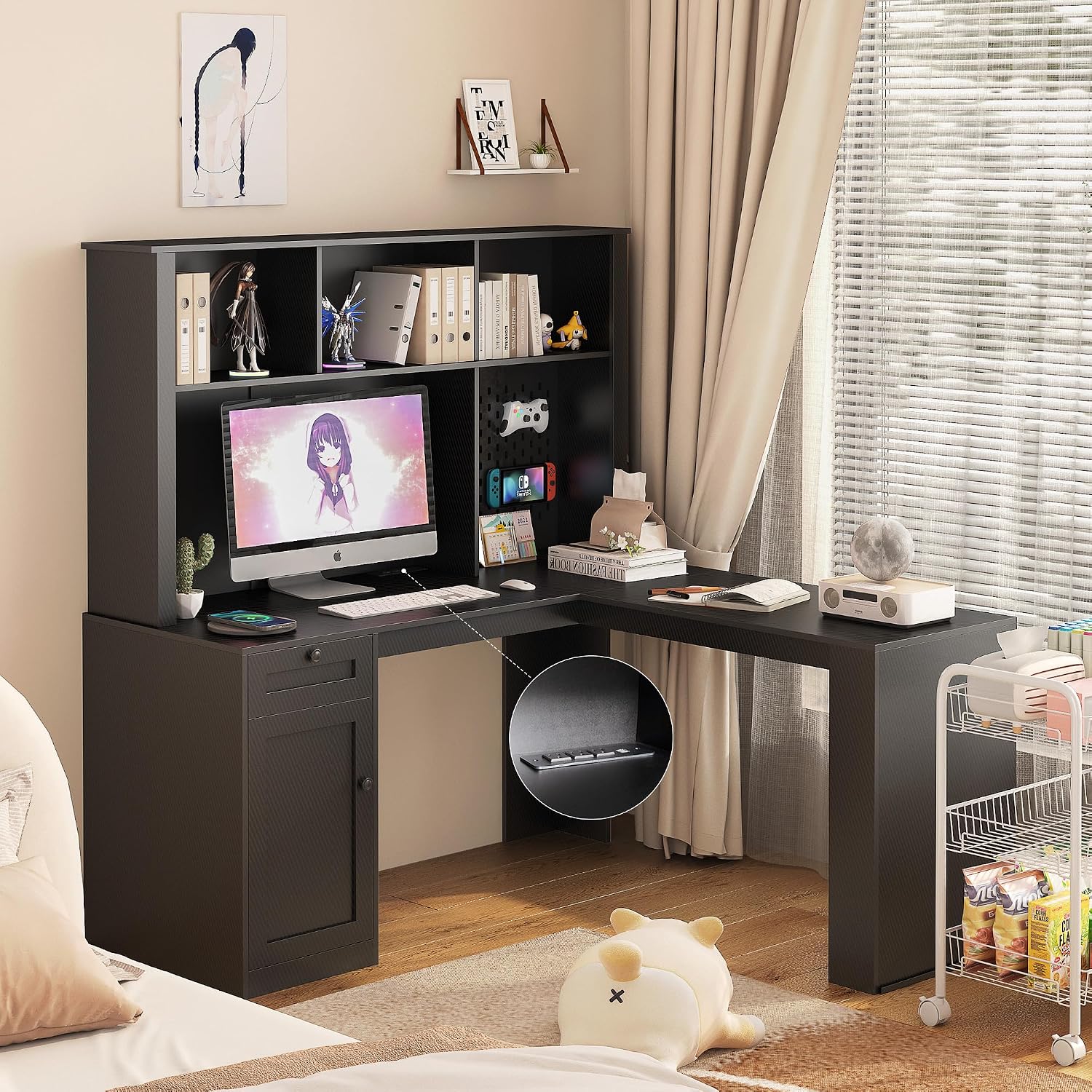 Black L-Shaped Home Office Desk with Hutch & Drawers, Modern Corner Desk with Bookshelf, Wood Study Writing Table Gaming Computer Desk for Bedroom, Home