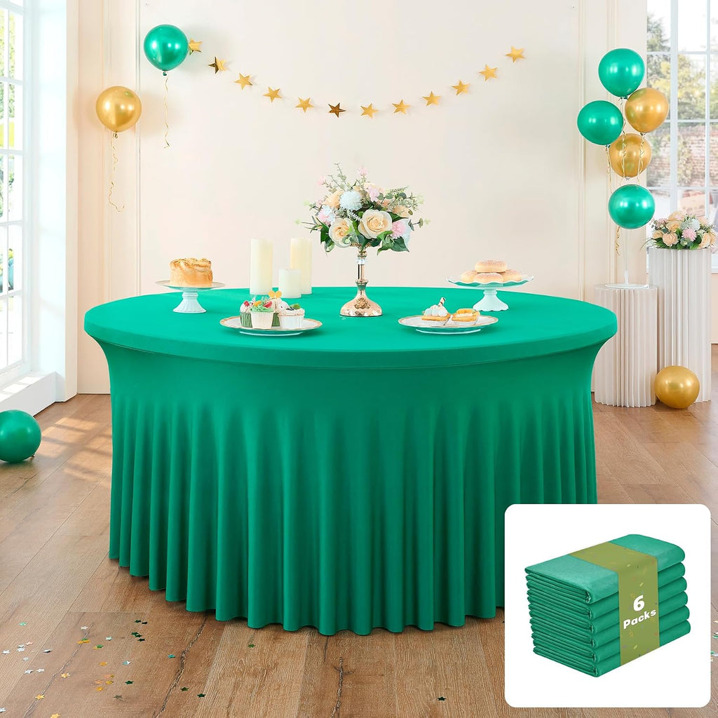 leegleri 6 Pack Emerald Spandex Round Tablecloths, Stretchy 120inch Fitted 5FT Table Cloths with Skirt for Wedding Party Dining Banquet