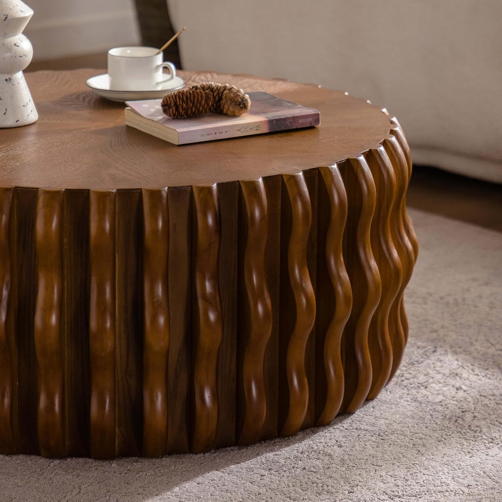 WILLIAMSPACE 31.5' Round Coffee Table for Living Room, Modern Circle Solid Wood Drum Fluted Center Table, Farmhouse Accent End Tea Table for Apartment, No Need Assembly, 12.99' H, Natural