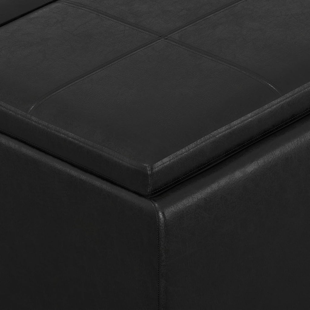 SIMPLIHOME Avalon Storage Ottoman - 42 inch Wide Upholstered Vegan Leather Rectangular Flip-Top Ottoman in Distressed Black, Contemporary Coffee Table Ottoman for Living Room with Hidden Storage