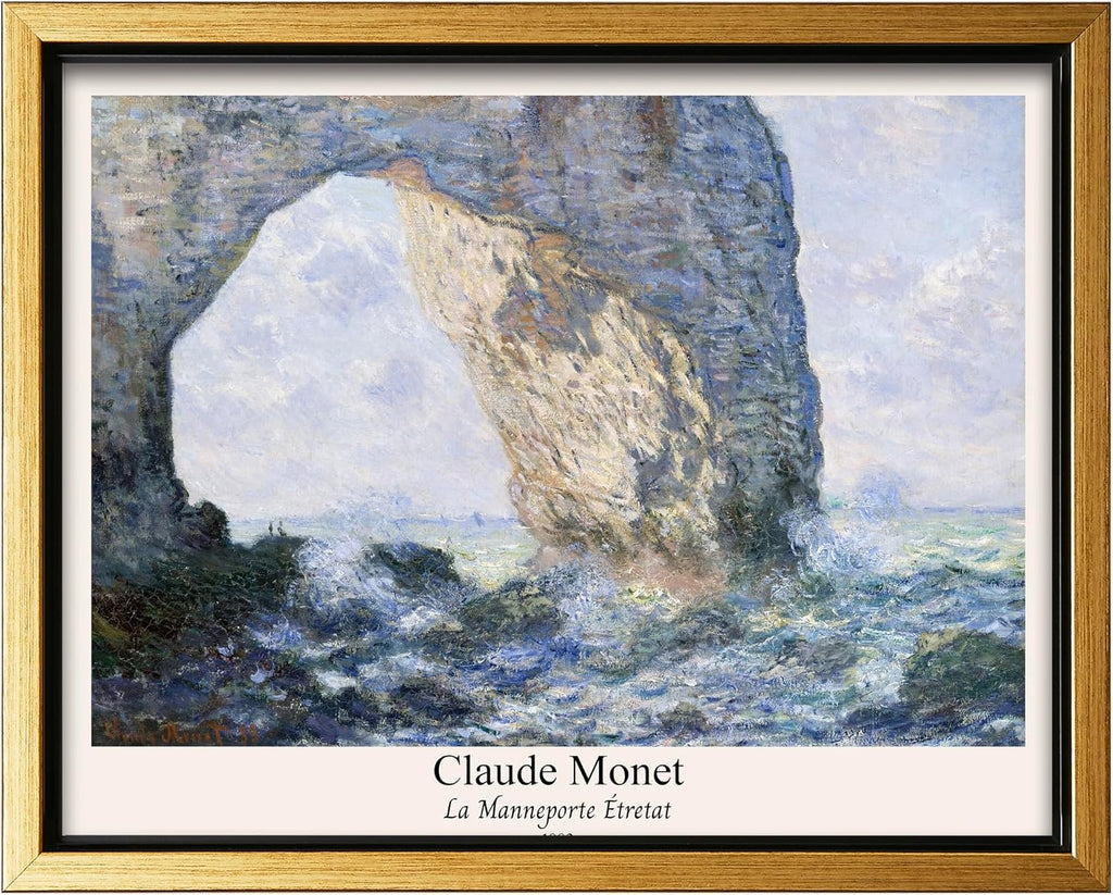 Poster Master Vintage Claude Monet Canvas - Retro La Manneporte Print - Fine Art - Classic Impressionism Painting - Etretat & Rock Formation Art - Bedroom Wall Decor - 16x20 Gold Framed Canvas