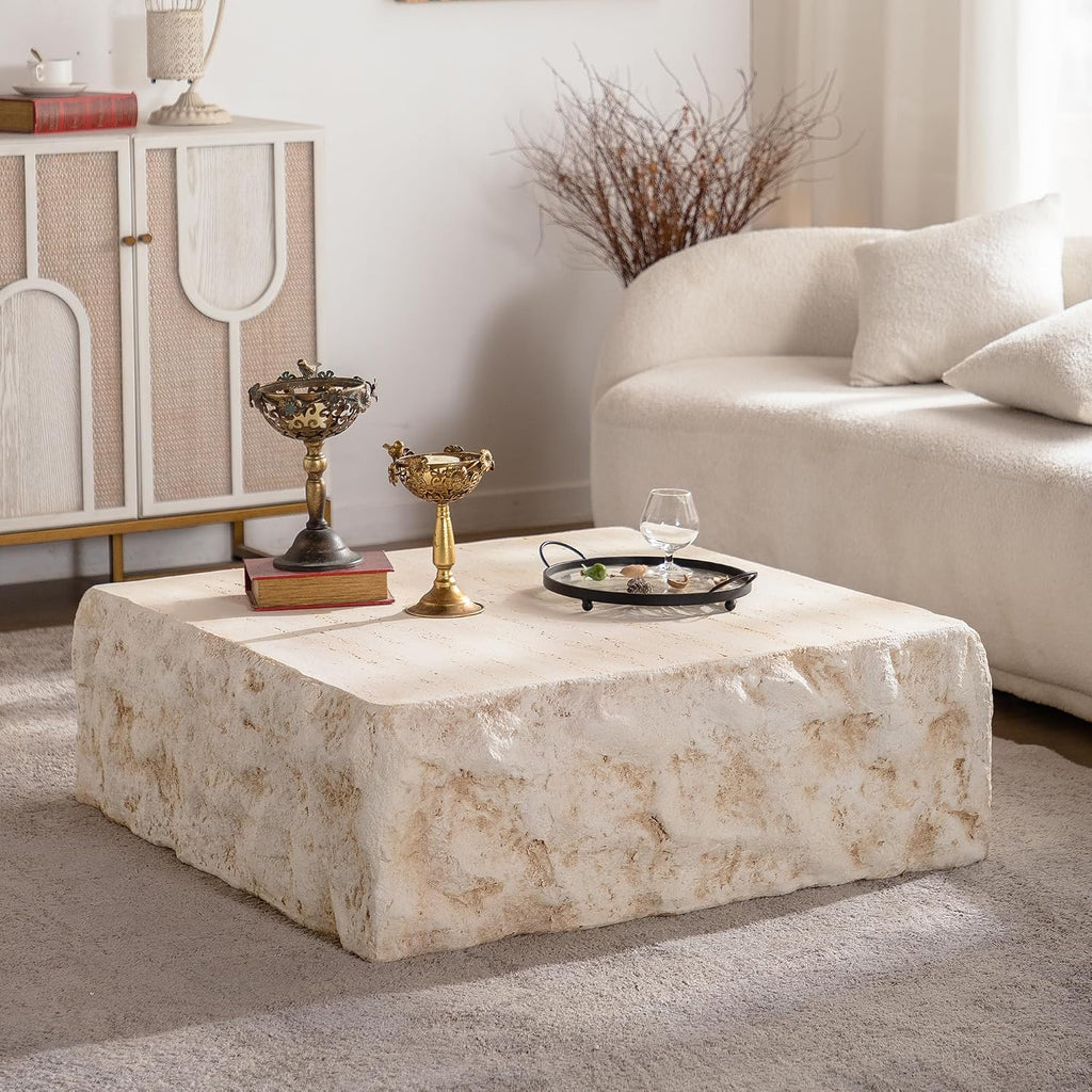 WILLIAMSPACE 35.43' Square Coffee Table Magnesium Oxide Centre Table, Mid-Century Modern Faux Stone Tea Table for Living Room Apartment, No Need Assembly - Amber, Beige