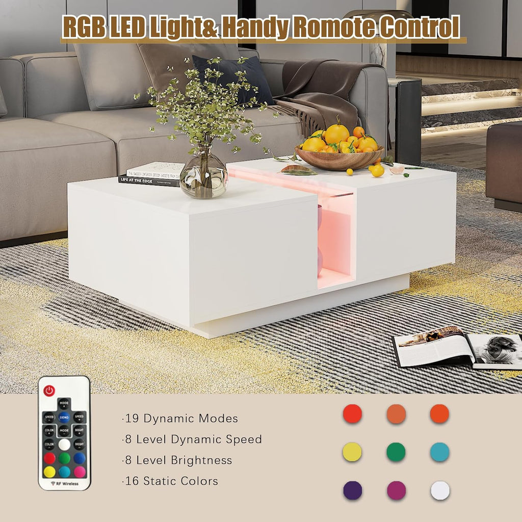HedoAjim White Led Coffee Table for Living Room, Rectangular Living Room Table with Storage, Acrylic Coffee Tables with 2 Sliding Drawers, Wood Center Table for Reception Dinning Room