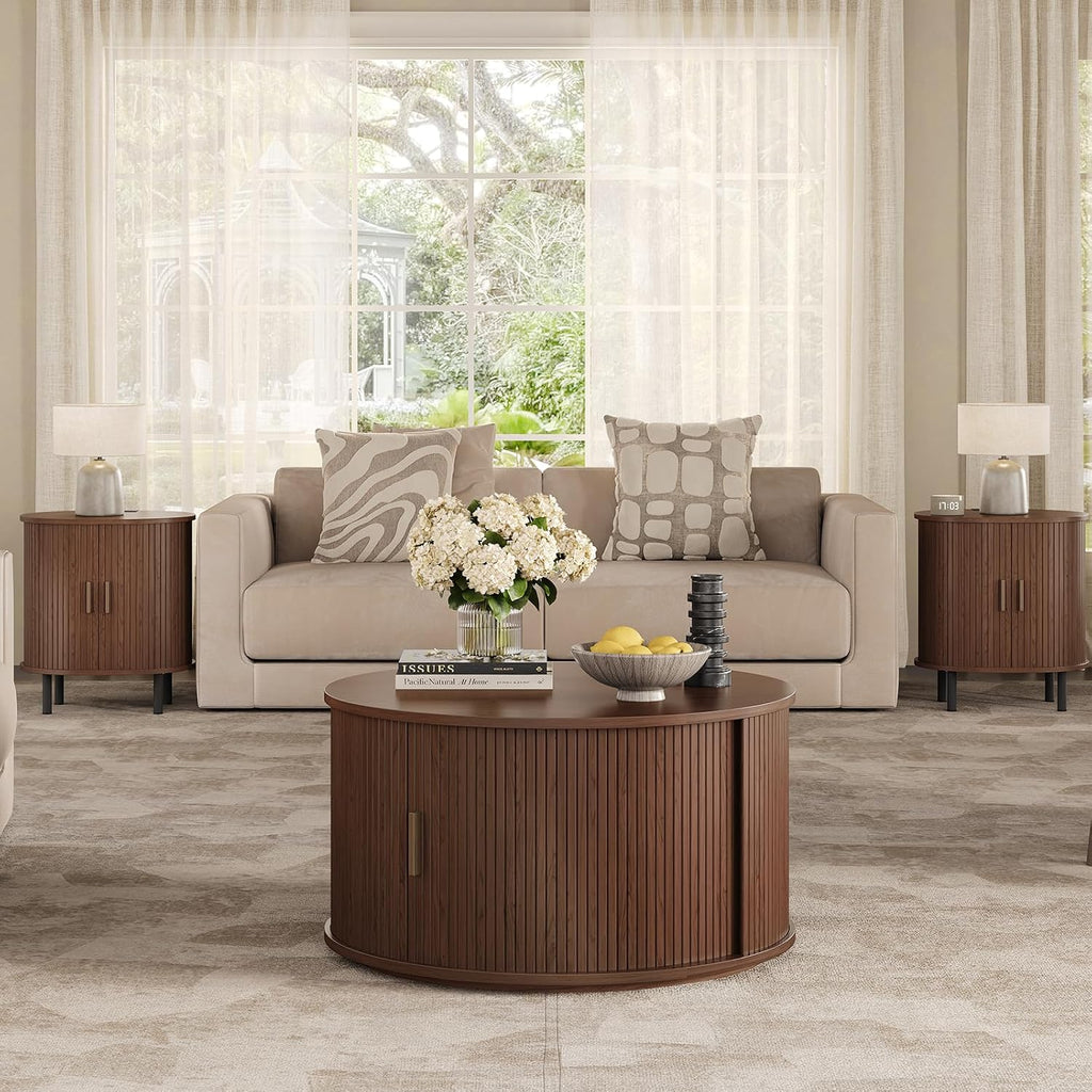 ONBRILL Round Coffee Table with Storage, 31.5' Mid Century Modern Center Table with Sliding Door & Dual Hidden Storage, Fluted Accent Coffee Table for Living Room, Small Space, Walnut