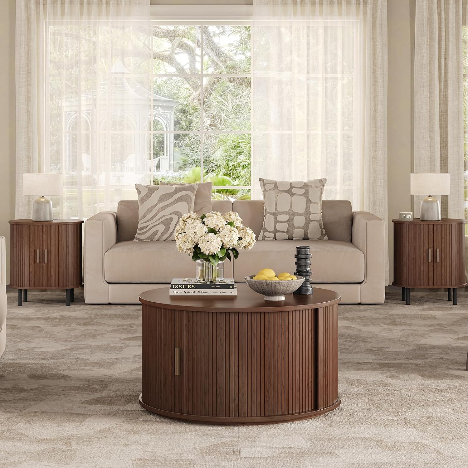 ONBRILL Round Coffee Table with Storage, 31.5' Mid Century Modern Center Table with Sliding Door & Dual Hidden Storage, Fluted Accent Coffee Table for Living Room, Small Space, Walnut