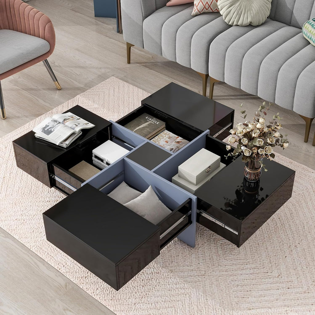 Merax Modern Square Coffee Table with 4 Hidden Storage Compartments, UV High-Gloss Design for Living Room, Black