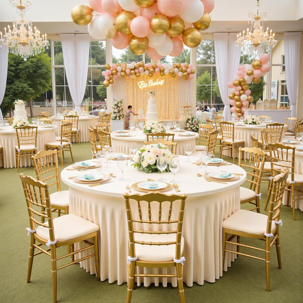 leegleri 6 Pack 60Inch Ivory Spandex Round Tablecloths, Stretchy 120inch Fitted 5FT Round Table Cloths, Wrinkle Free Table Cover with Skirt for Wedding Party Dining Banquet