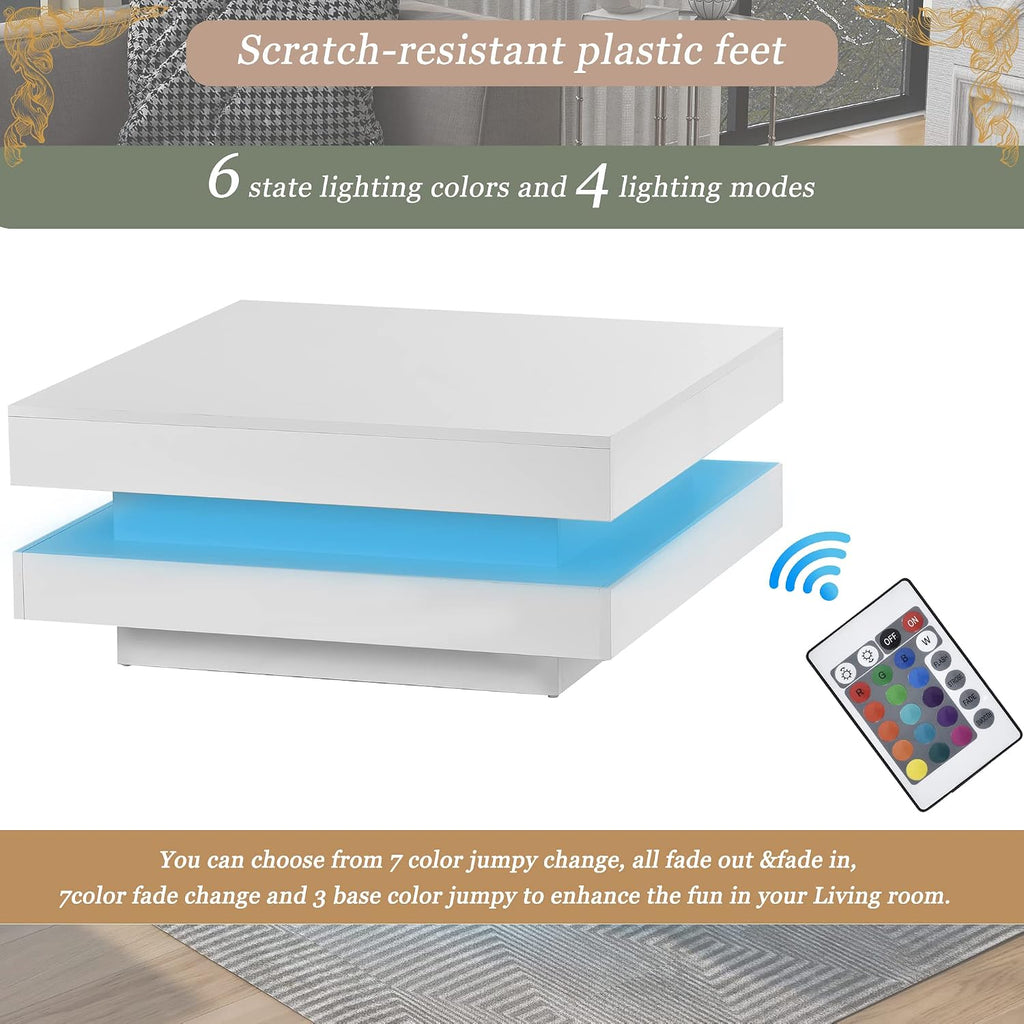 Square Coffee Table, Modern High Gloss White Coffee Table with Plug-in 16-Color LED Lights, 2-Tier Center Table for Living Room, White