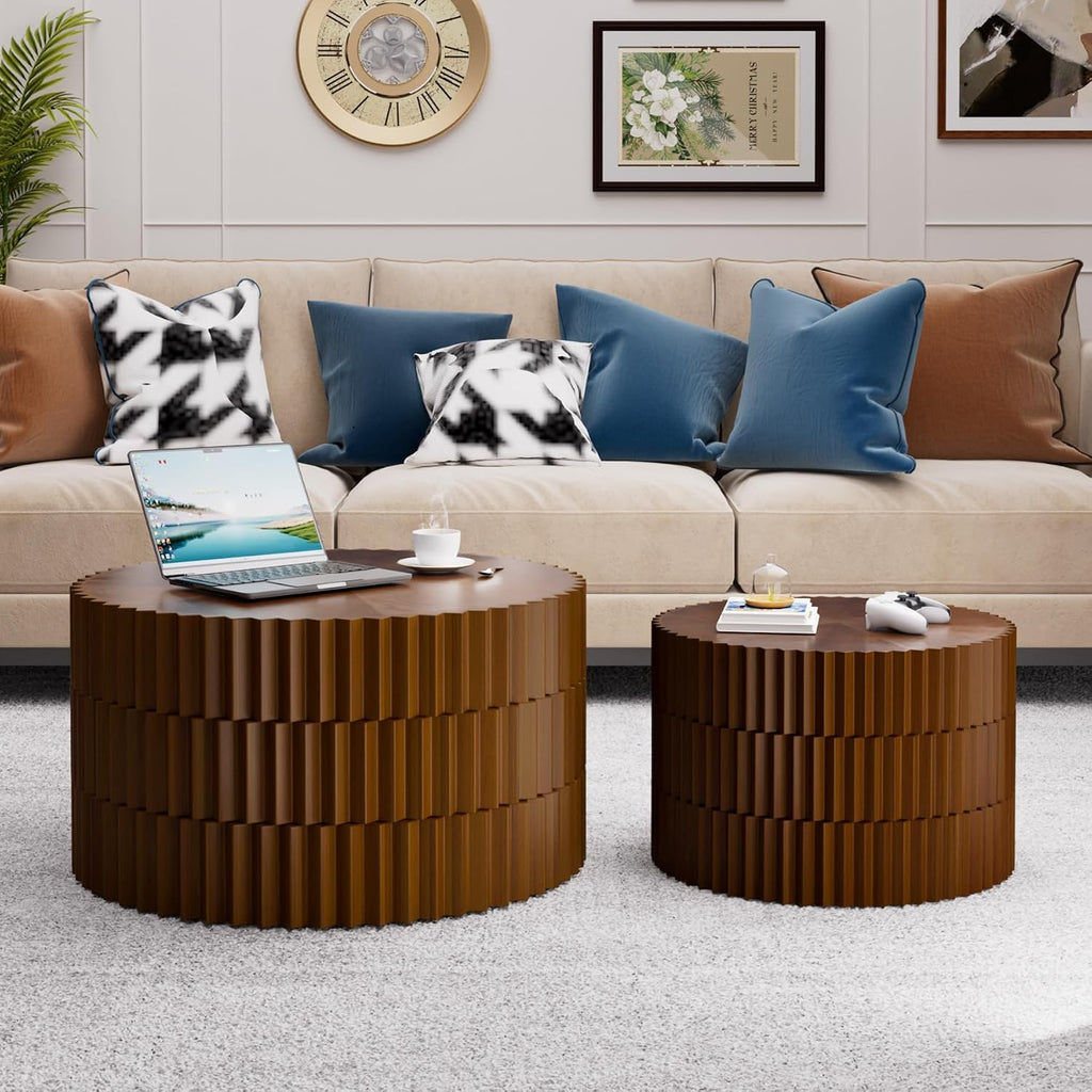 Round Nesting Coffee Table Set of 2 Fluted Coffee Tables Modern Drum Side End Table Wooden Circle Accent Side Table for Living Room Bedroom Balcony, No Assembly (Walnut 26.8'+19.7')