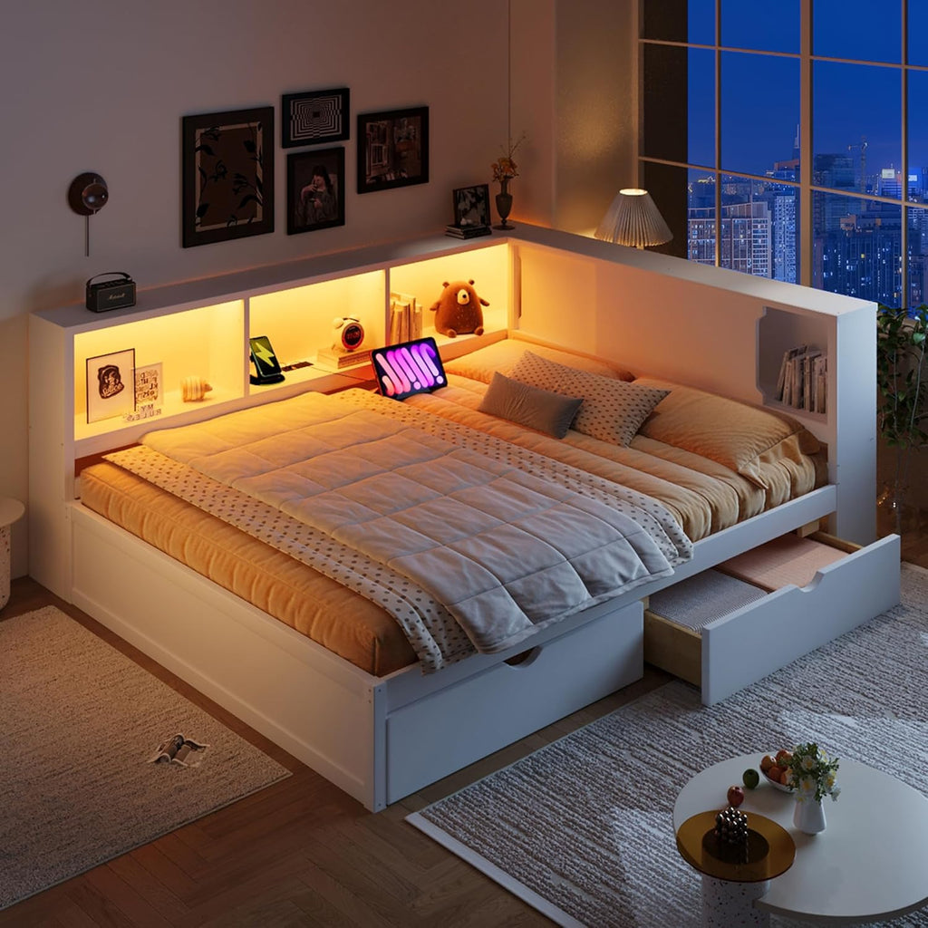SOFTSEA Queen Size Daybed with LED Lights and 2 Drawers, L-Shaped Corner Bed Frame with Bookcase and Storage Shelves, White