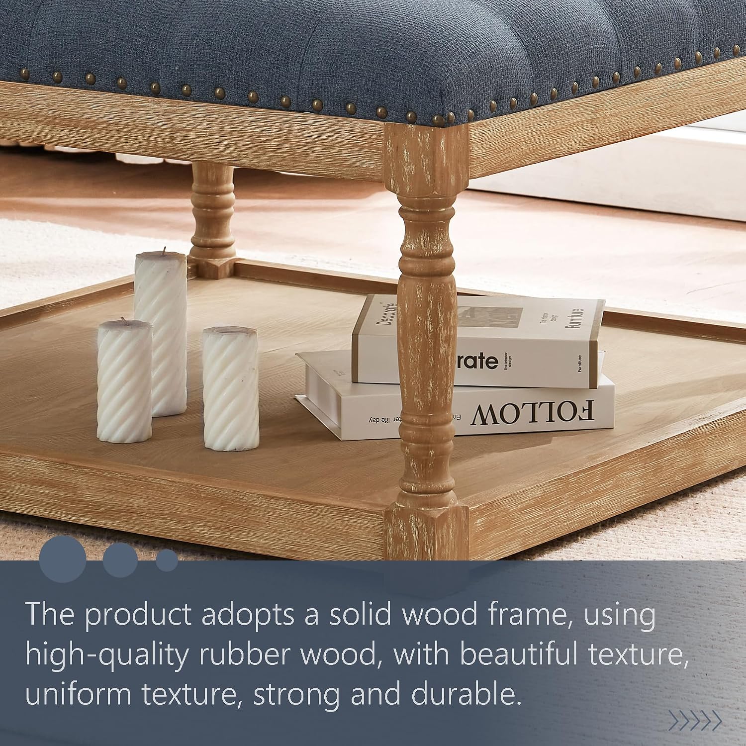HUIMO 33-inch Large Square Ottoman Coffee Tables for Living Room, Tufted Upholstered Linen Ottoman with Storage Shelf and Solid Legs for Office Bedroom Farmhouse (Navy Blue)