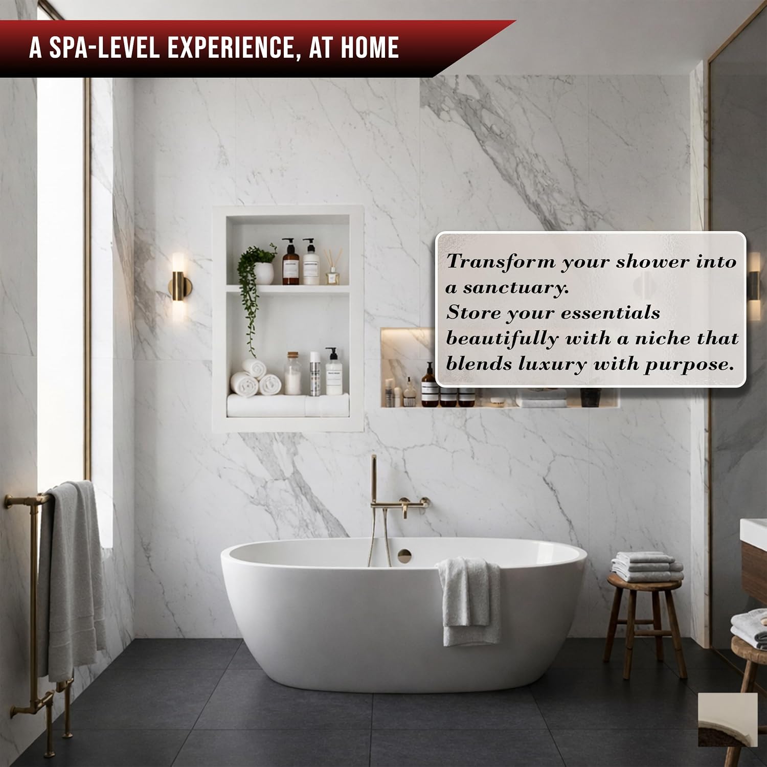 16' X 24' White Marble Shower Niche for Bathroom Shelf | Recessed Wall Insert | Rectangular 2 Shelves Storage Bathroom Organizer | No Tiles Needed (Pure White)