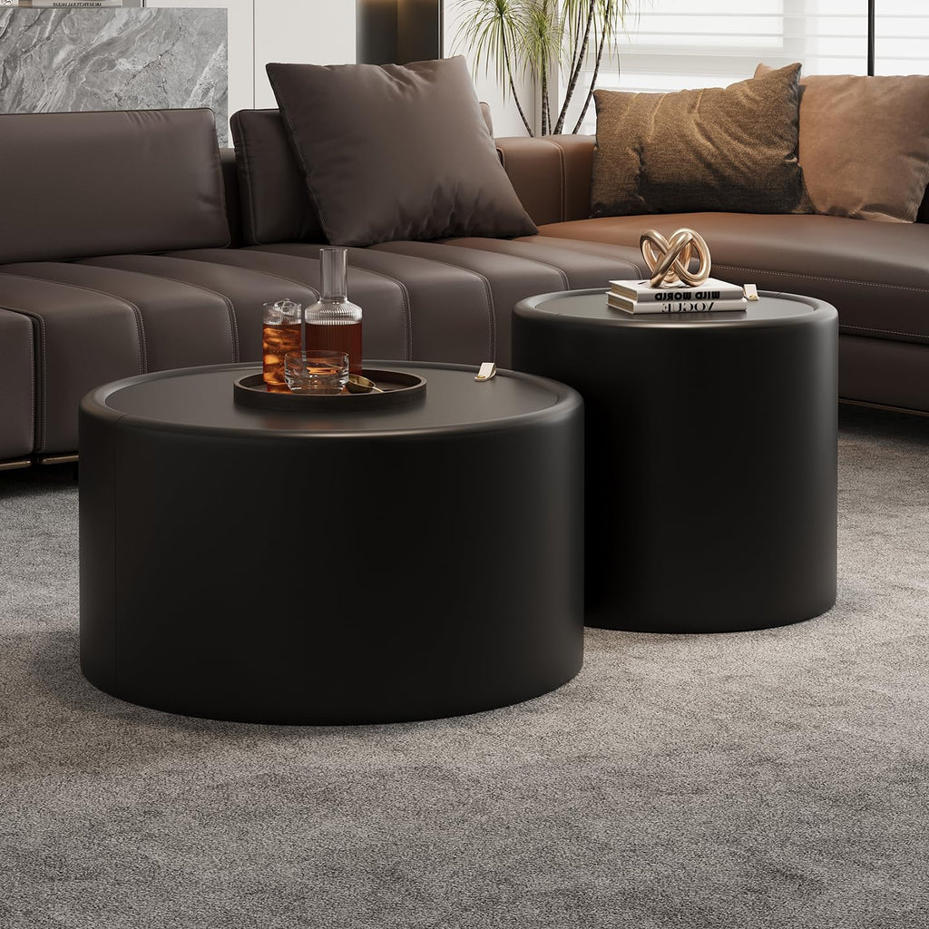 Round Coffee Table Set with Hidden Storage, 27.56' Black Drum Center Table and 19.69' Black Coffee Table Set, 2 Pieces Living Room Table Set with Tempered Glass Top and PU Leather Body
