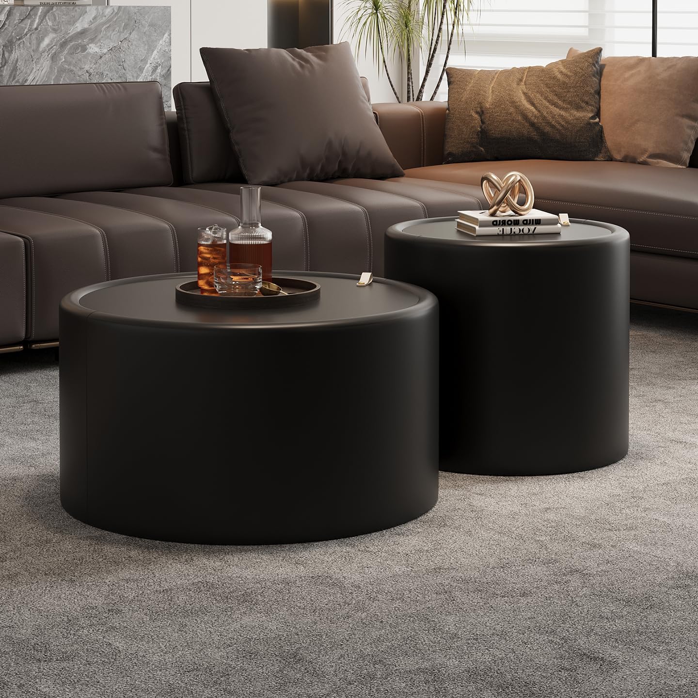 Round Coffee Table Set with Hidden Storage, 27.56' Black Drum Center Table and 19.69' Black Coffee Table Set, 2 Pieces Living Room Table Set with Tempered Glass Top and PU Leather Body
