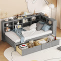 Twin Size Daybed with Storage Drawers and L-Shaped Bookcase Headboard, Wood Corner Bed Frame with Charging Station and Shelves for Kids Boys Girls, Grey