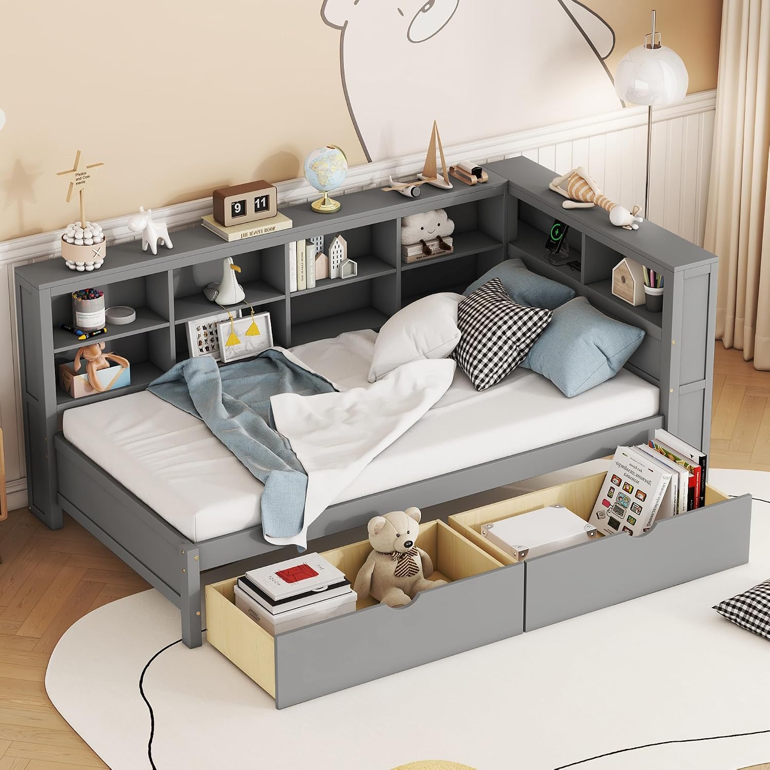 Twin Size Daybed with Storage Drawers and L-Shaped Bookcase Headboard, Wood Corner Bed Frame with Charging Station and Shelves for Kids Boys Girls, Grey