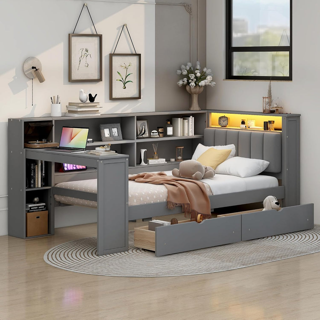 LUMISOL Twin Size Daybed with Storage Drawers and Upholstered Headboard, Wood L Shaped Corner Bed Frame with Desk, Drawers, LED Light & USB Ports for Living Room, Space-Saving, Gray