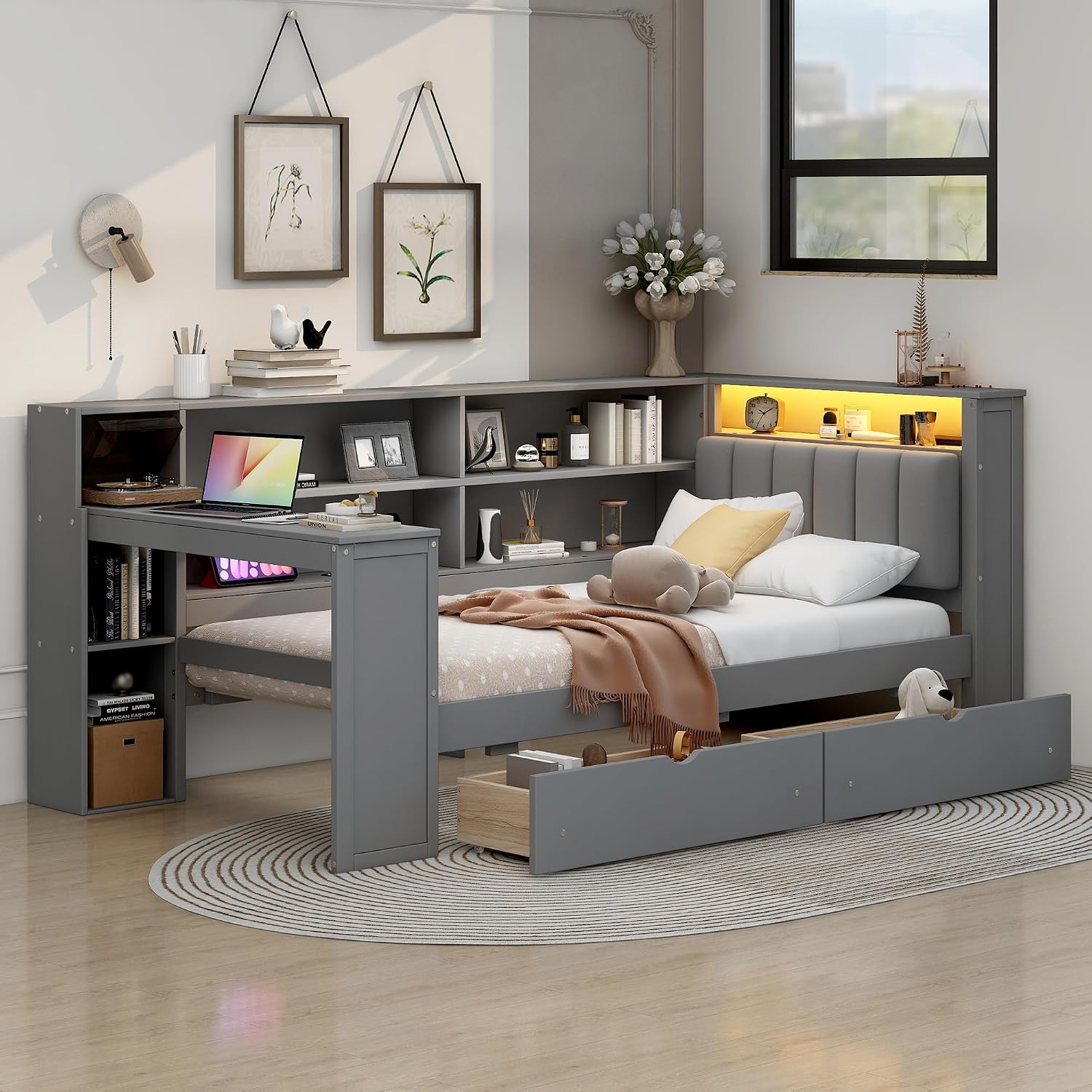 LUMISOL Twin Size Daybed with Storage Drawers and Upholstered Headboard, Wood L Shaped Corner Bed Frame with Desk, Drawers, LED Light & USB Ports for Living Room, Space-Saving, Gray