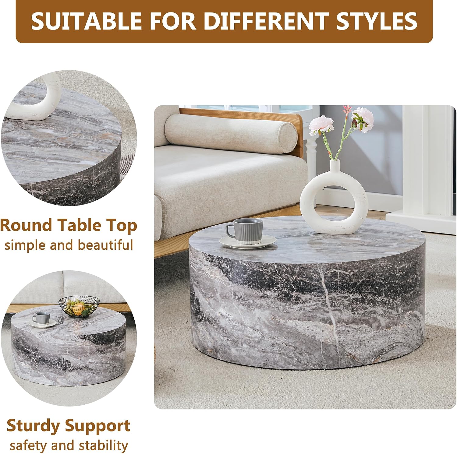 WILLIAMSPACE 27.5' Round Coffee Table for Living Room, Modern Drum Circle Wood Coffee Table, Contemporary Coffee Table Side End Table for Apartment, ø27.5'*12'H (Gray Marble)
