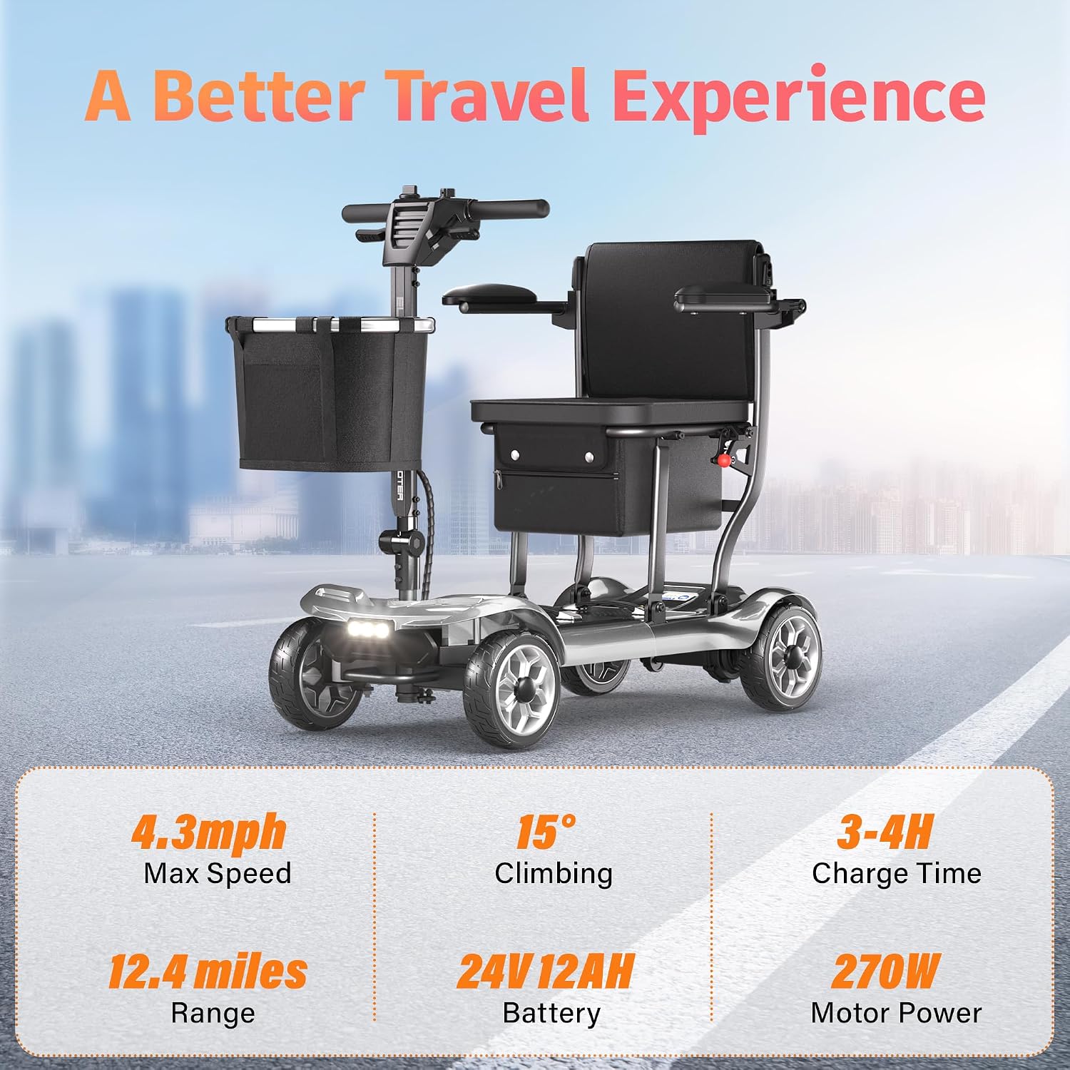 Foldable Mobility Scooter for Adults&Seniors - 43lb Lightweight Portable Motorized Scooters Airport Approved, 4 Wheel Travel Mobility Scooter w/Removable Battery, Dual Basket, 300lb Capacity, Silver