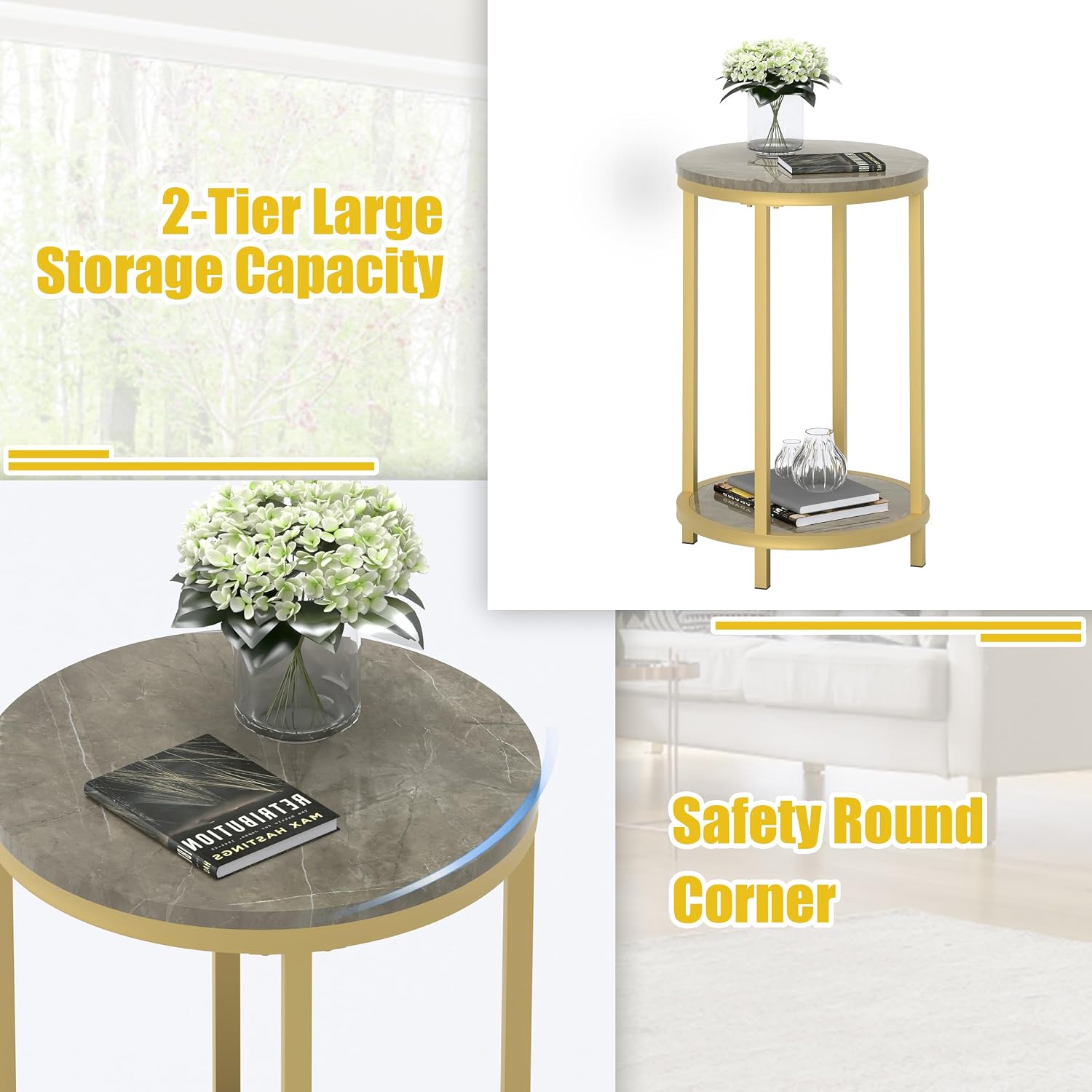 WiberWi Round Side Table Set of 2, Modern Nightstand End Table with Gold Metal Frame &Faux Marble Top, Accent Bedside Table for Living Room Bedroom Small Spaces with Storage Open Shelf, Grey