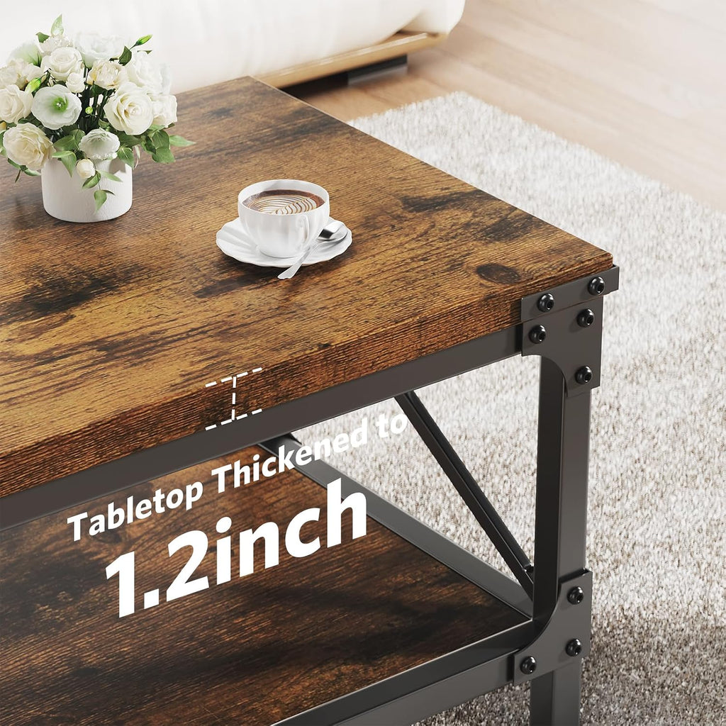 Rectangle Coffee Tables for Living Room, Wood Rectangular Coffee Table, 2 Tier Industrial Modern Center Table with Thickened Tabletop and Metal Frame, 47 inch Long (Rustic Brown)