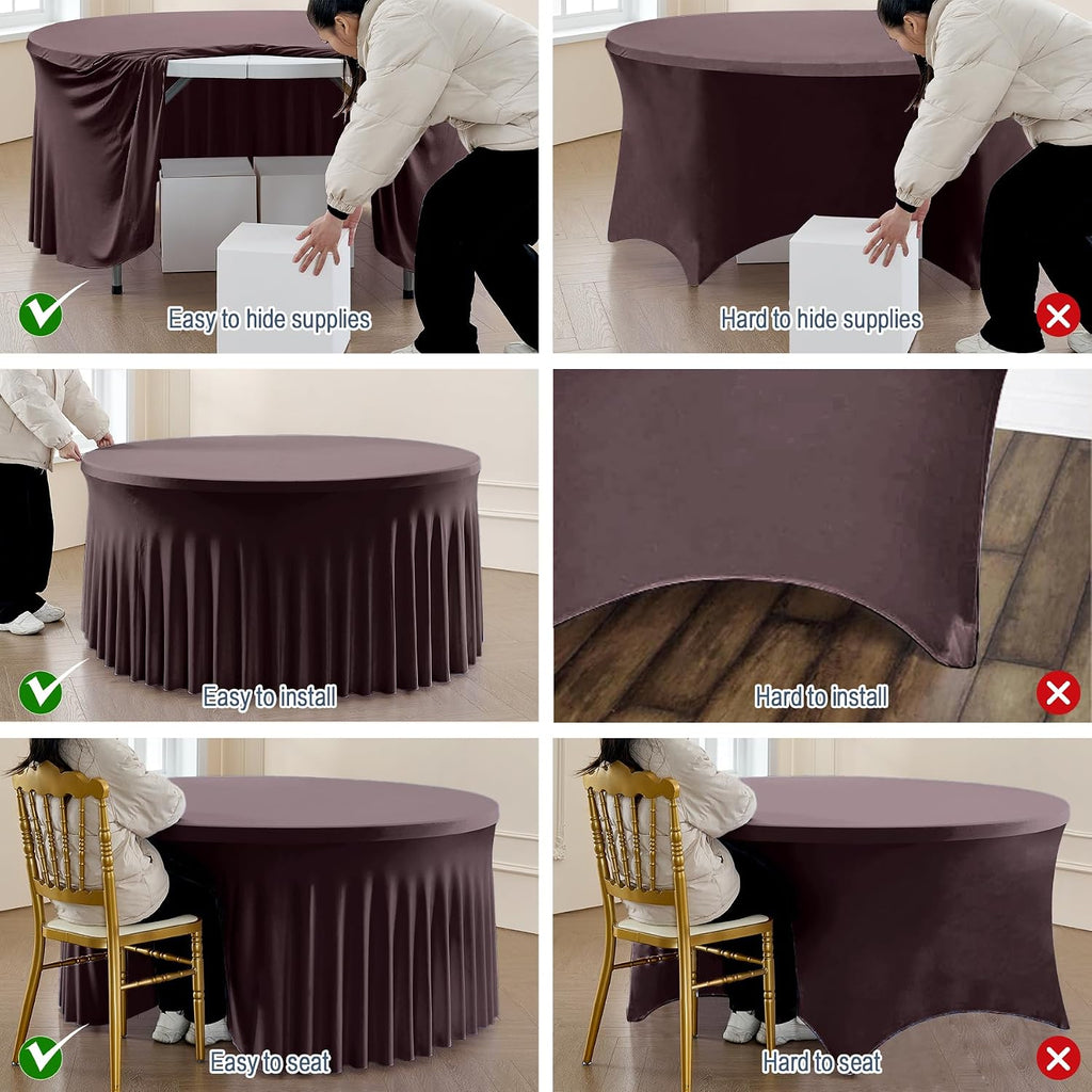 leegleri 6 Pack Spandex Brown Round Tablecloths for 60in Tables, Stretchy 120inch Fitted 5FT Round Table Cloths, Wrinkle Free Table Cover with Skirt for Wedding Birthday Party Bridal Shower Banquet