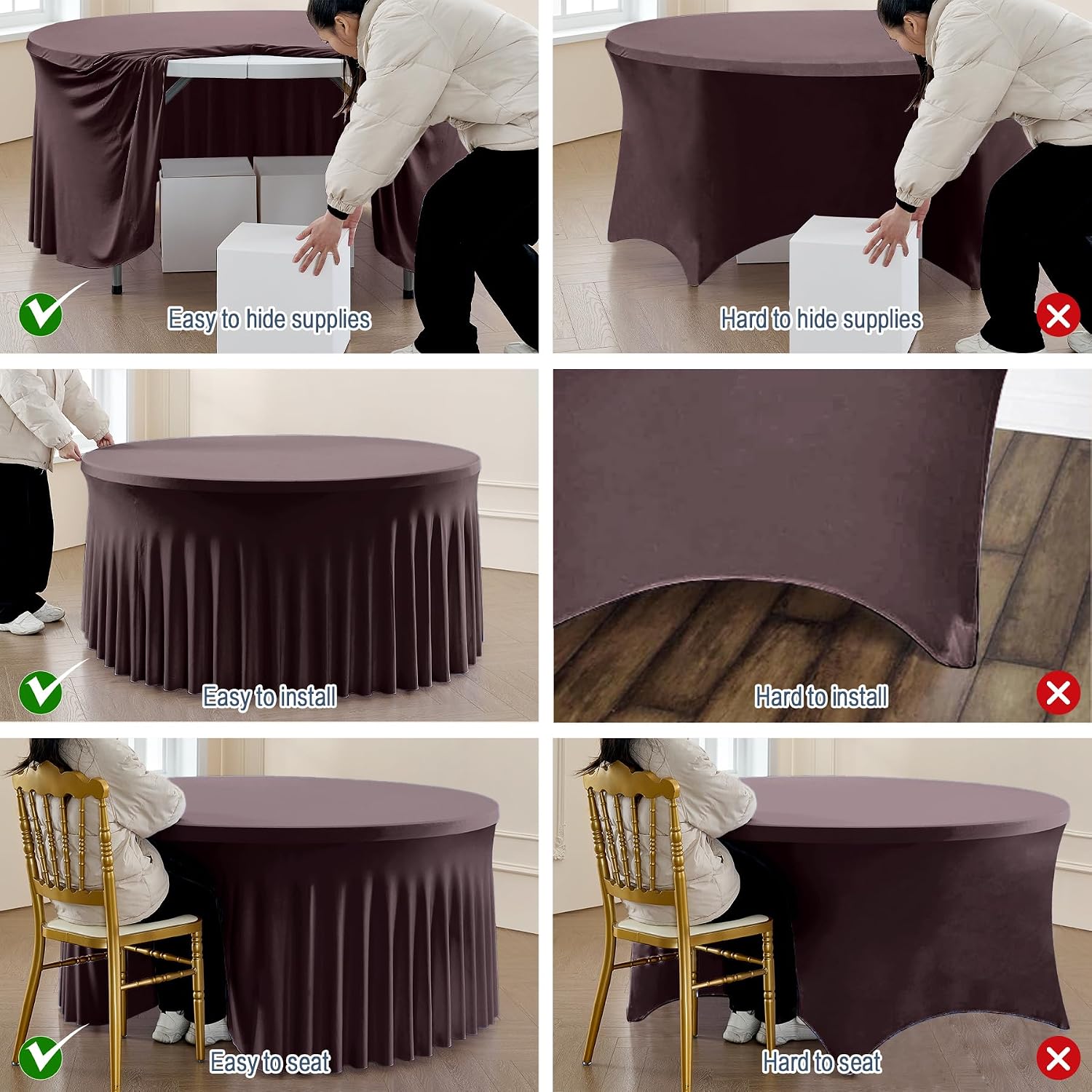 leegleri 6 Pack Spandex Brown Round Tablecloths for 60in Tables, Stretchy 120inch Fitted 5FT Round Table Cloths, Wrinkle Free Table Cover with Skirt for Wedding Birthday Party Bridal Shower Banquet