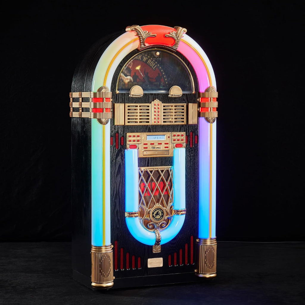 Arkrocket x Elvis Presley Jukebox Saturn V Full Size Bluetooth Vinyl Record Jukebox CD Player Vintage Radio Retro Turntable Classic Jukebox with Black Stand (Elvis Saturn V + Stand - Black)