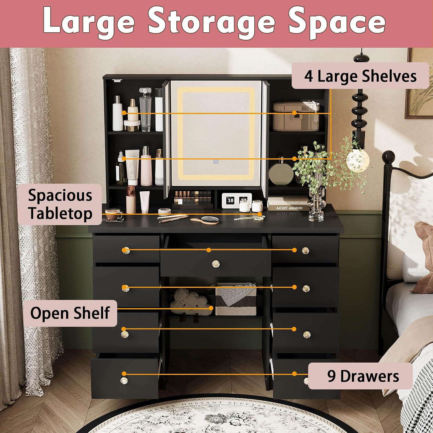 Timechee Vanity Mirror with Lights, Corner Vanity Desk with 9 Storage Drawers, 4 Large Shelves, 3 Color Lighting Options, Makeup Table Desk with Mirror for Bedroom, Restroom, Black