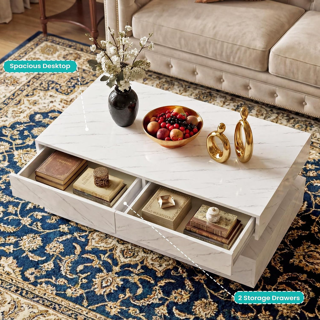 Coffee Table for Living Room, Modern Coffee Table with 2 Storage Drawers, 2 Tier Center Table Wood Coffee Tables with 20 Colors LED Lights, Mesa de Centro para Sala (White)