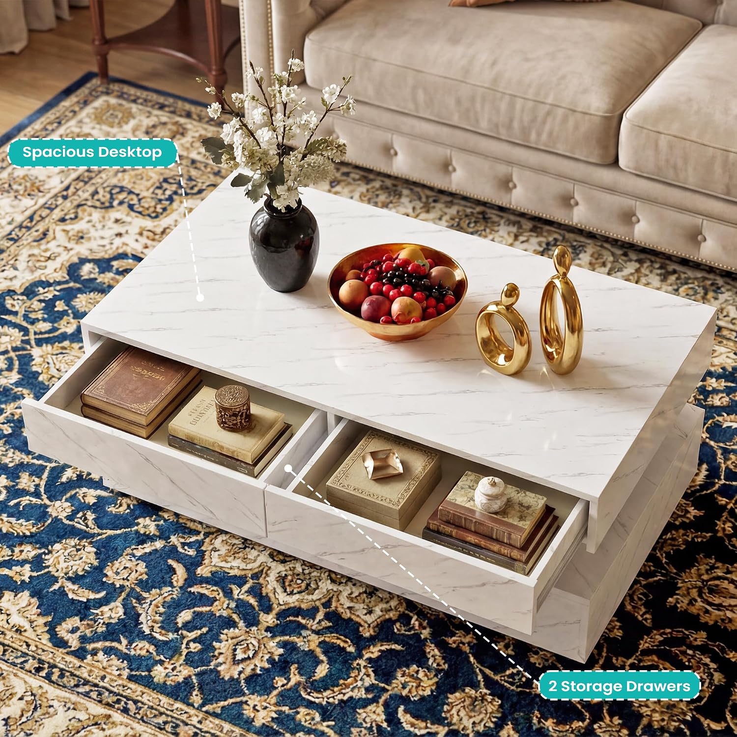 Coffee Table for Living Room, Modern Coffee Table with 2 Storage Drawers, 2 Tier Center Table Wood Coffee Tables with 20 Colors LED Lights, Mesa de Centro para Sala (White)