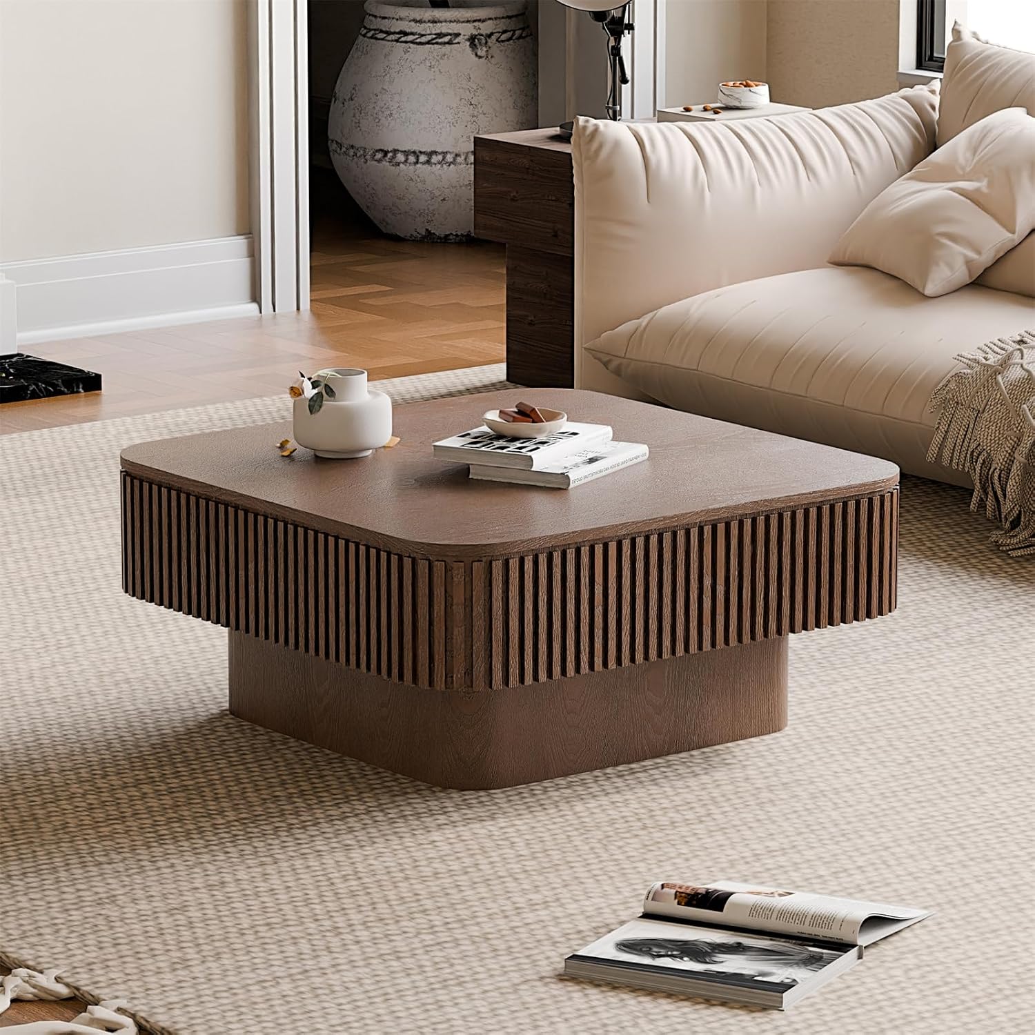 Square Coffee Table for Living Room,Fluted Drum Accent Tea Center Table with Storage,Solid Wood Modern Coffee Tables for Small Space Office Apartment (31.5' L×31.5''W×14''H-Walnut)