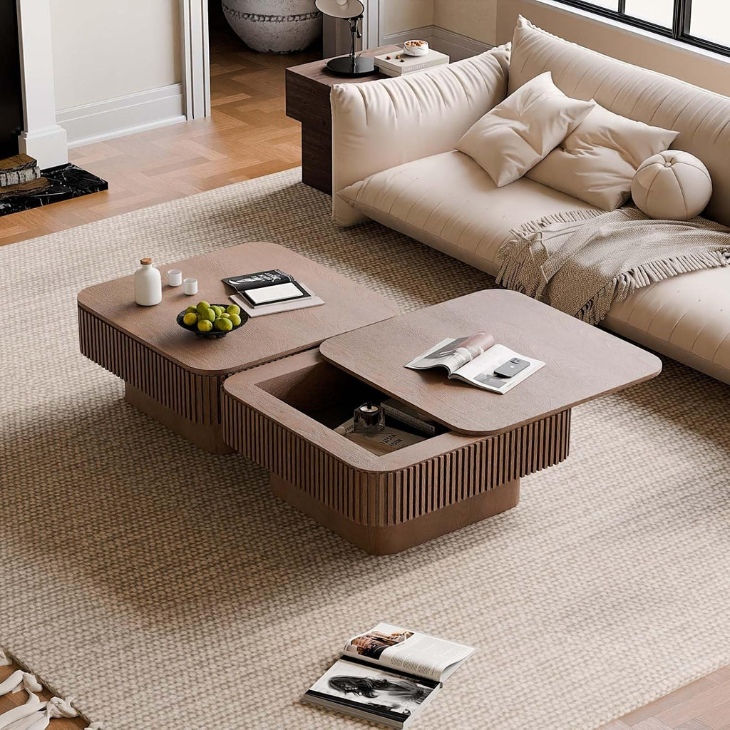 Square Small Coffee Table with Storage, Modern Wooden Coffee Table with Solid Wood Veneered, Fluted Center Table Drum Tea Table for Living Room Apartment, 31.5''L×31.5''W×14''H