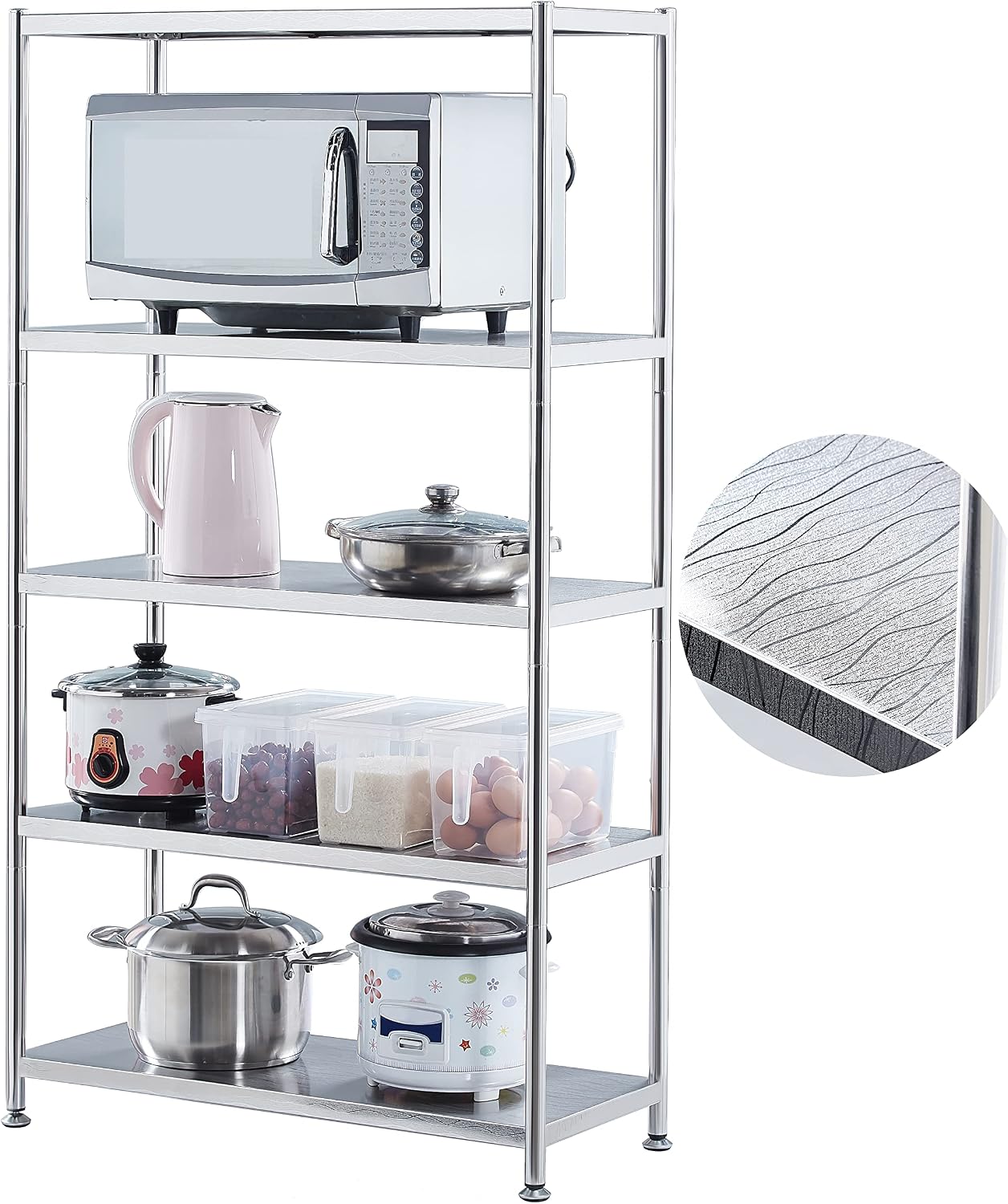 susunnus Stainless Steel Shelves 23.6in-5 Tier, Stainless Steel Shelf Organizer, Kitchen Storage Shelves,Artistic Texture, Pragmatic & Sturdy & Waterproof