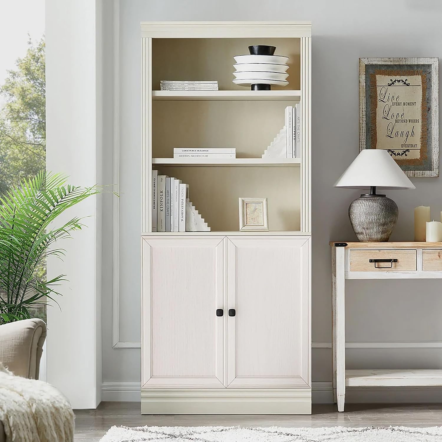 JAHRSTIM Halston Bookcase with Doors, 5-Tier Tall Storage Shelf, Adjustable Shelving Unit Closet Organizer and Storage for Living Room Home Office Bedroom, Modular Bookcase Bookshelf with Doors