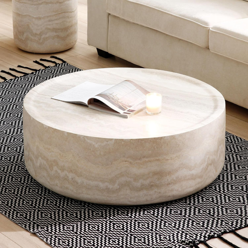 35.43' Marble Travertine Round Drum Coffee Table for Living Room, Modern Circle Center Side Table End Table for Living Room, Apartment, Office, No Need Assembly, Marble Stone Shape