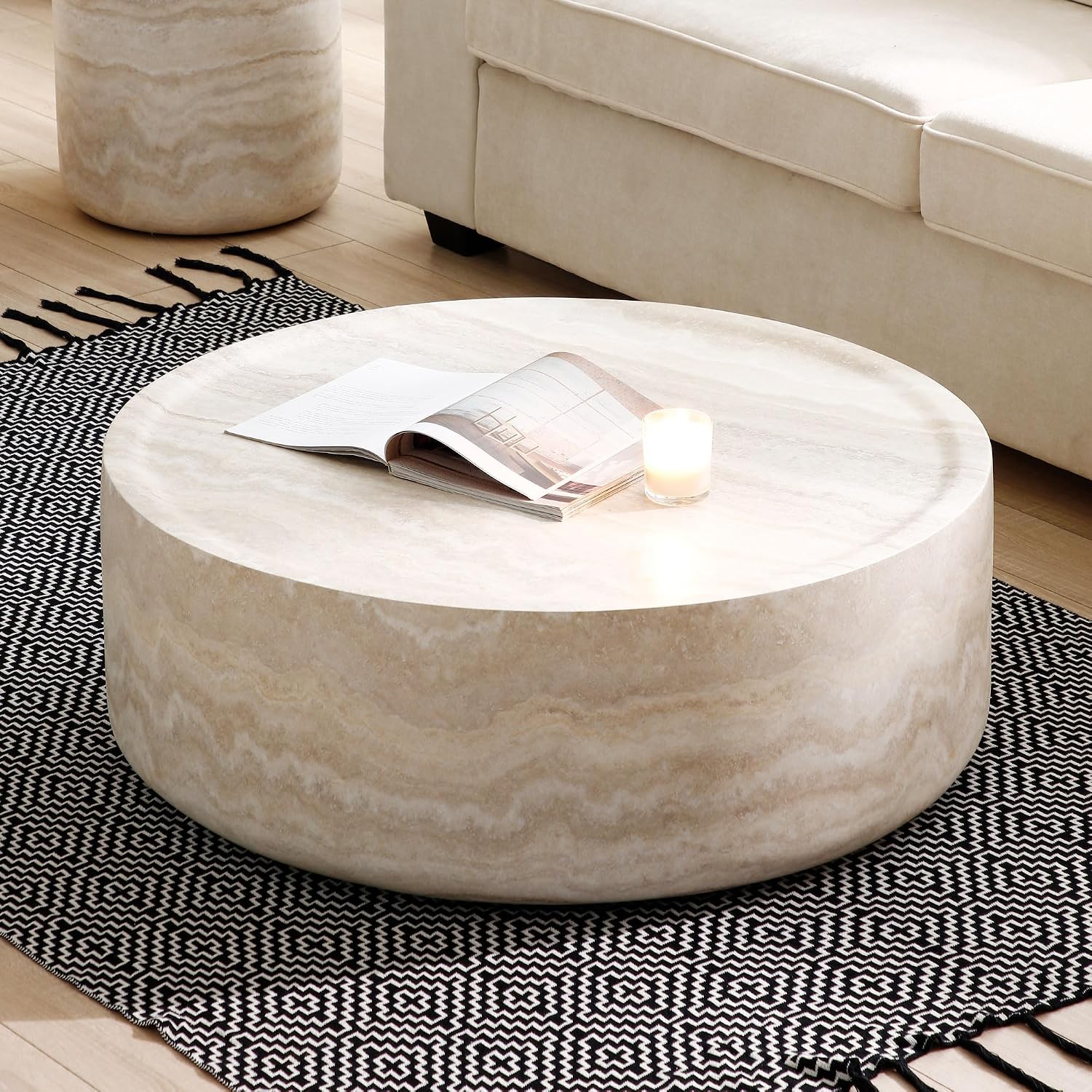 35.43' Marble Travertine Round Drum Coffee Table for Living Room, Modern Circle Center Side Table End Table for Living Room, Apartment, Office, No Need Assembly, Marble Stone Shape
