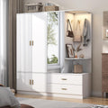XVD Armoire Wardrobe Closet with Mirror & Sensor Light, Bedroom Armoire with 5 Doors & 2 Drawers, Modern Wooden Large Wardrobe Closet with Shelves, 4 Metal Hooks, 2 Hanging Roods, Open Space, White