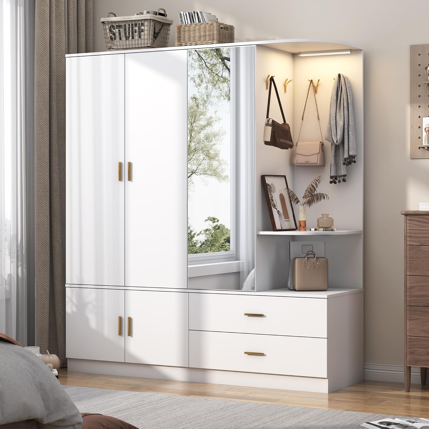 XVD Armoire Wardrobe Closet with Mirror & Sensor Light, Bedroom Armoire with 5 Doors & 2 Drawers, Modern Wooden Large Wardrobe Closet with Shelves, 4 Metal Hooks, 2 Hanging Roods, Open Space, White