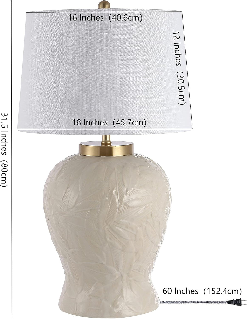 JONATHAN Y 31.5' Cream Ceramic Palm Leaf Table Lamp, Bohemian Cottage Tropical Pattern Lamp for Bedroom Living Room, White Linen Empire Shade, LED Bulb Included JYL6617A